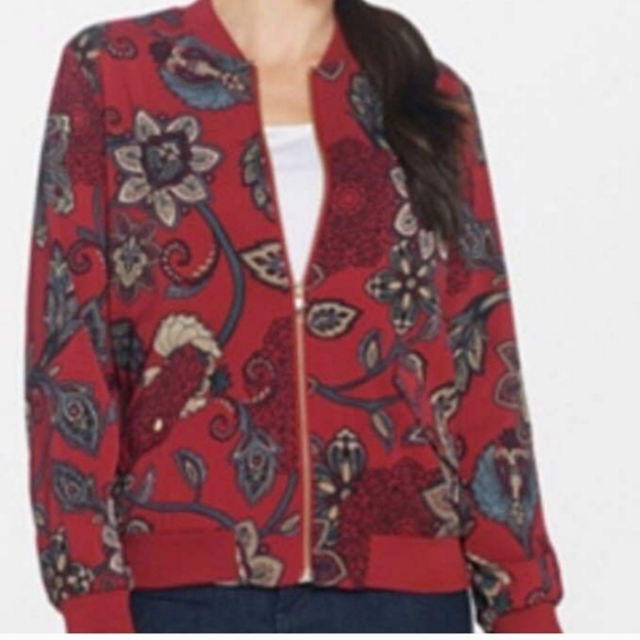 Susan Graver Tomato Girl Boho large red paisley floral bomber jacket - Picture 10 of 10